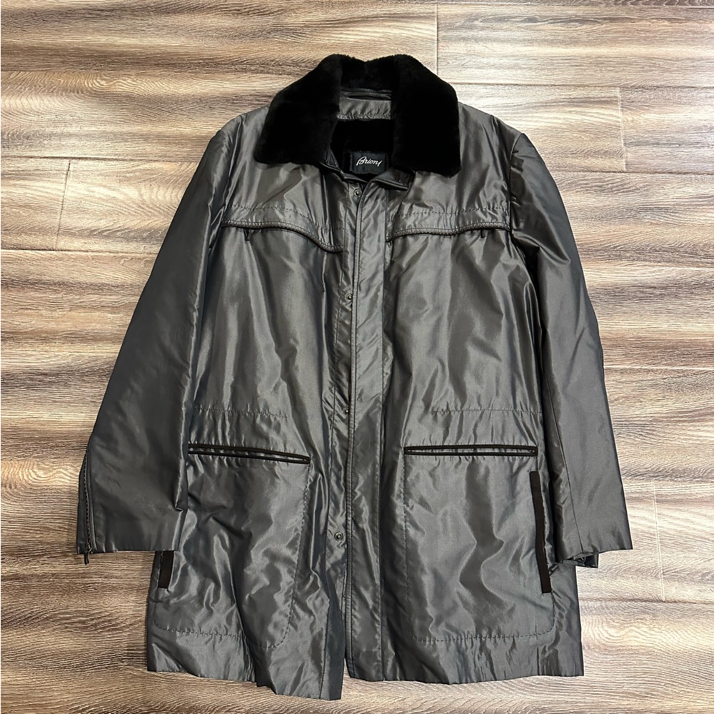 Brioni coat; XL size; all receipts, spare buttons, etc. never worn, fur inside